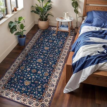 Tangspp Floral Washable Runner Rug, 2x5 Rug Runners for Hallways Non Slip, Vintage Boho Runner Rug for Entryway Indoor, Blue Print Carpet Runner, Soft Low Pile Runner for Kitchen Bedroom Navy Blue