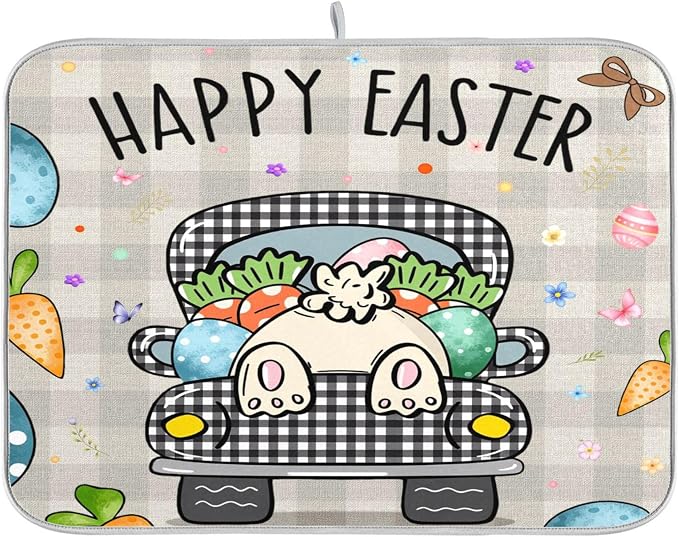 Easter Eggs Bunny Rabbit Dish Drying Mat Quick Absorbent 18x24 Easter Day Black by Wamika