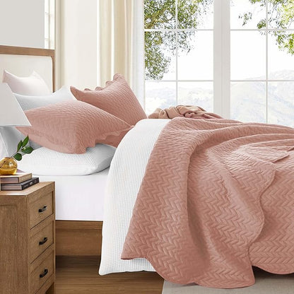 IR Imperial Rooms King Quilt Bedding Set Size (106" x 96") + 2 Pillow Shams (20" x 36"+ 2") - 3 Pcs All Season Lightweight Reversible Microfiber Coverlet Embossed Quilt Bedspread (Peach/Baby Pink)