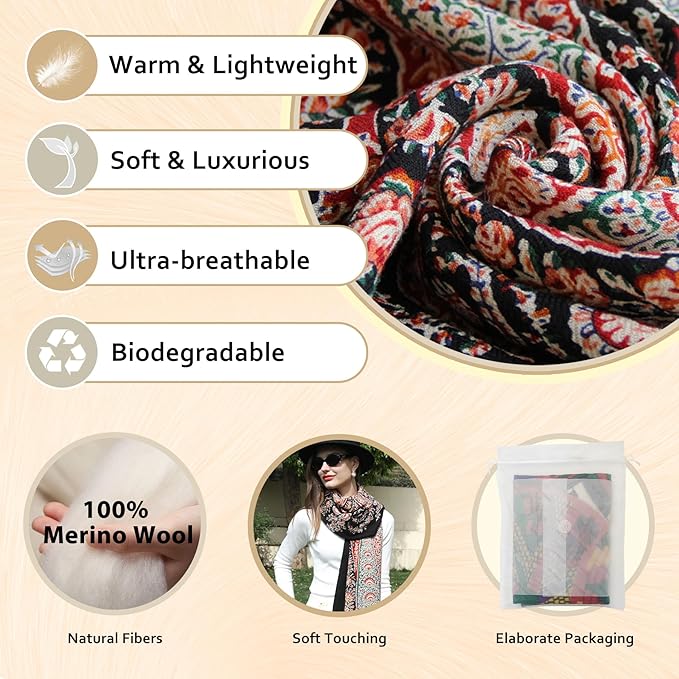 DANA XU 100% Merino Wool Extra Large Pashmina Blanket Travel Scarf Cashmere Wrap for Women Fall Winter Oversize Shawl Floral