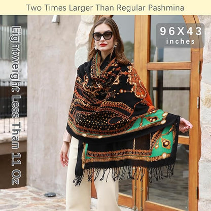 DANA XU 100% Merino Wool Extra Large Pashmina Blanket Travel Scarf Cashmere Wrap for Women Fall Winter Oversize Shawl Floral