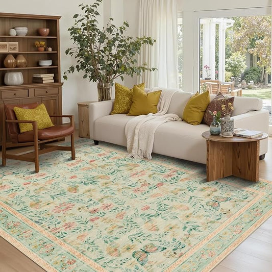 Floral 5x7 Washable Area Rug, Vintage Boho, Non Slip Low Pile Wool Carpet by Rugxara