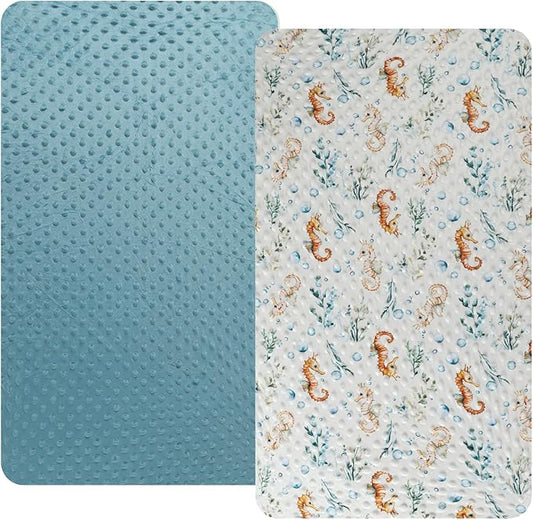 Dot Bassinet Sheet Set 2 Pack Stretch Fitted Bedside Sleeper Bassinet Sheets Sheets,Ultra Soft, for Baby Girls and Boys Blue, Seahorse
