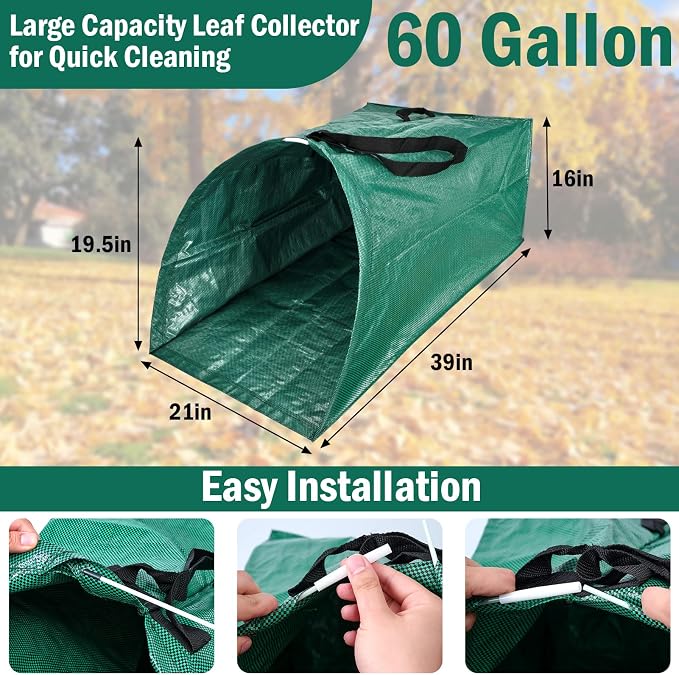 60Gallon Leaf Collector and Adjustable Metal Rake Set, Detachable 18 Tines Leaf - Image 3