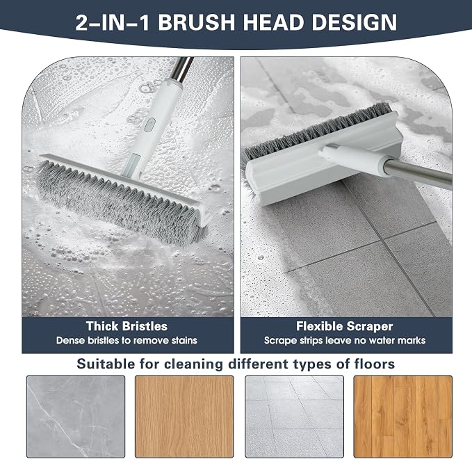 Floor Scrub Brush with Long Handle, 2 in 1 V-Shape Grout Brush with Squeegee + - Image 3