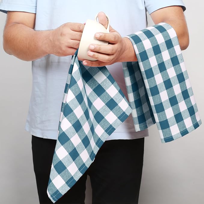 Teal Gingham Kitchen Towels, 18x26 Inches, Quick Drying, 100% Cotton, Checked - Image 3