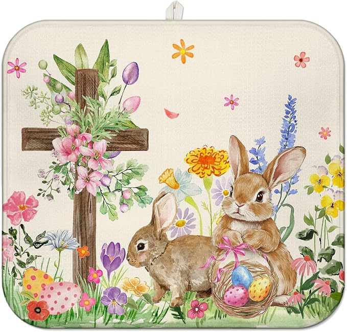 Easter Dish Drying Mat for Kitchen Counter, Cute Bunny Spring Florals by Unknown