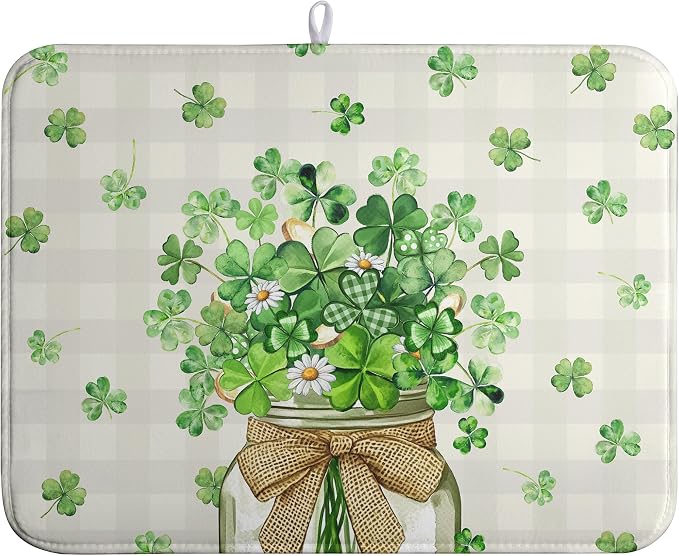 St Patricks Day Shamrock Dish Drying Mat Green Spring Kitchen Dishes Drying Pad by farg