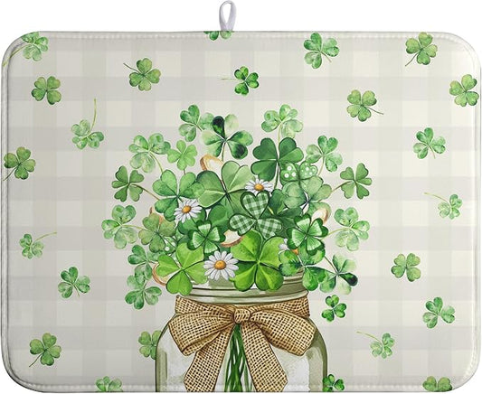 St Patricks Day Shamrock Dish Drying Mat Green Spring Kitchen Dishes Drying Pad by farg