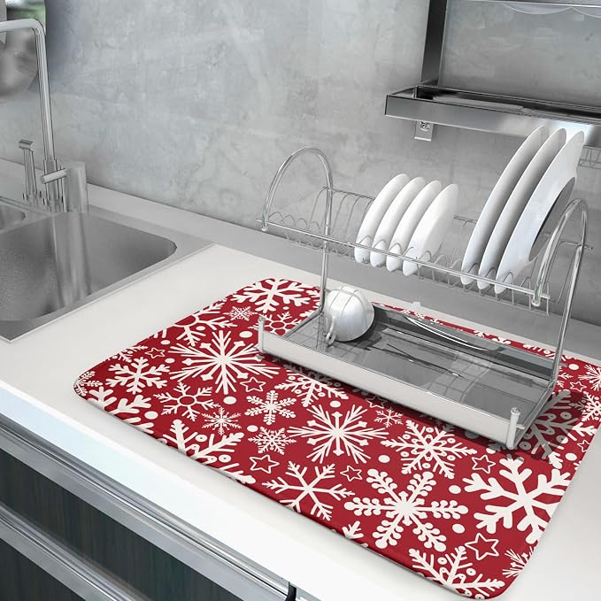Christmas Dish Drying Mat for Kitchen Counter 18x24 Dark Red Snowflake Winter - Image 5