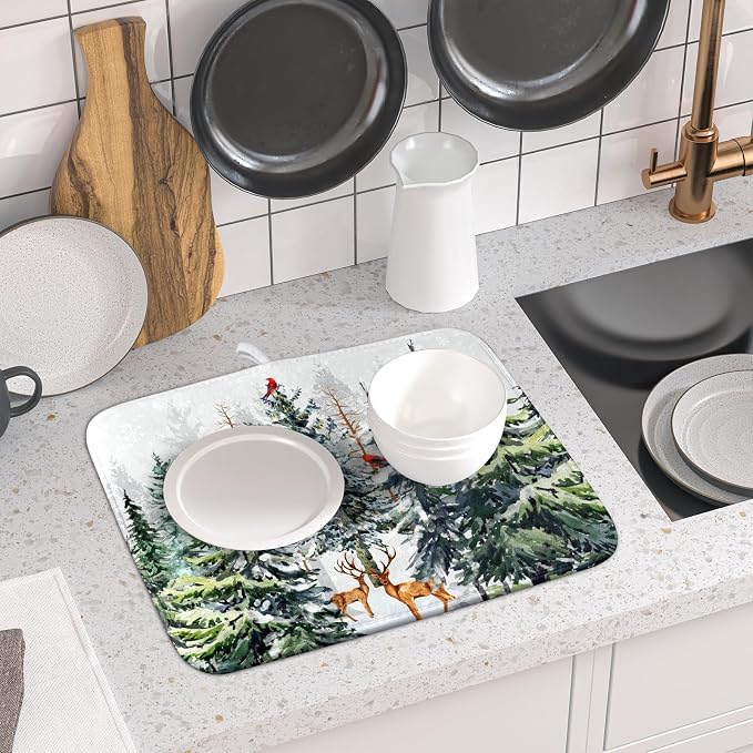 Pine Tree Dish Drying Mat for Kitchen Counter 16x18 Inch Forest Deer Absorbent - Image 6