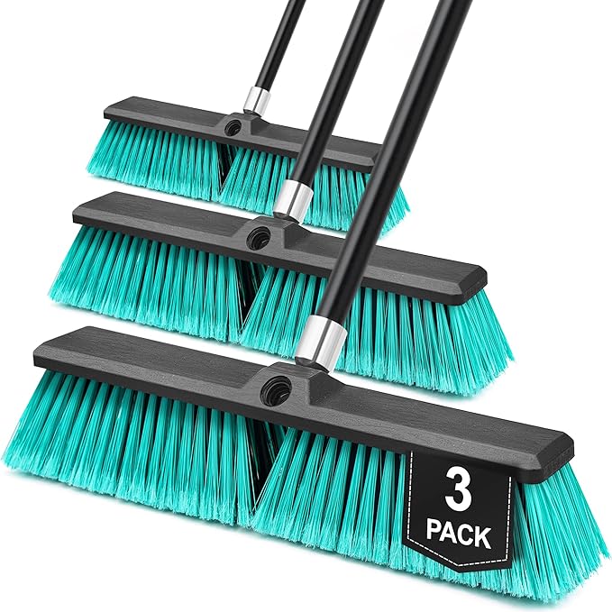 18” Push Broom Outdoor Heavy Duty 3 Pack, Large Commercial Stiff Bristle Brush by TidyBliss