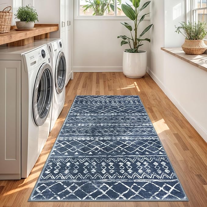 KUTA 3x5 Boho Area Rug for Living Room, Moroccan Washable Kitchen Rugs Non Slip, Navy Blue Ultra Soft Print Distressed Geometric Low-Pile Entry Throw Carpet for Bedroom Nursery Dorm Decor