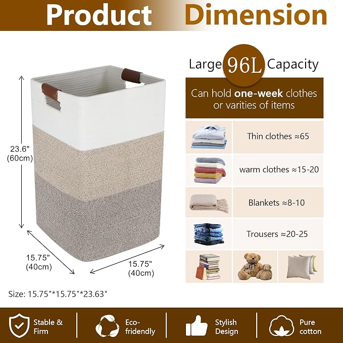 Laundry Hamper 96L Extra Large Laundry Basket, Woven Blanket Basket, Cotton - Image 4