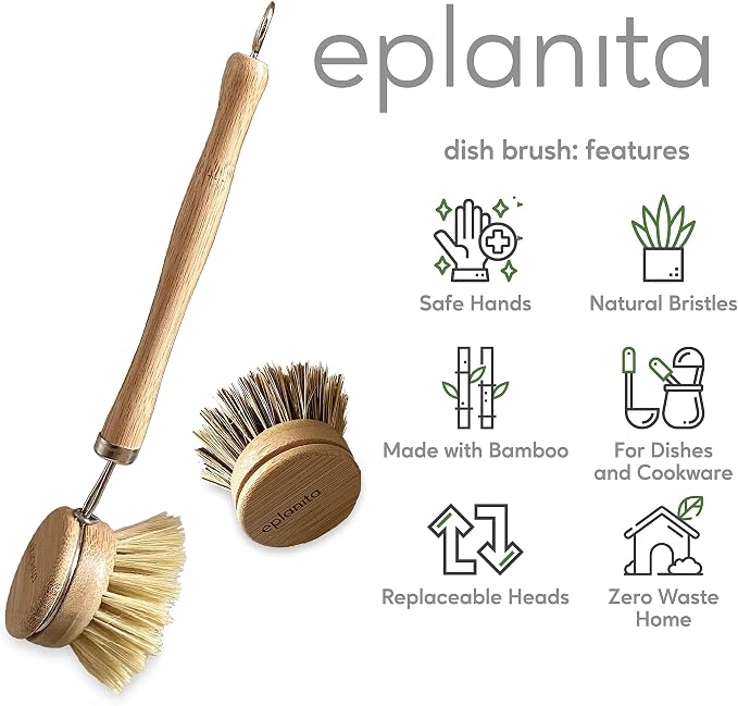 eplanita Natural Dish Brush, 3 Replacement Heads, Kitchen Eco Bamboo Scrubber - Image 2