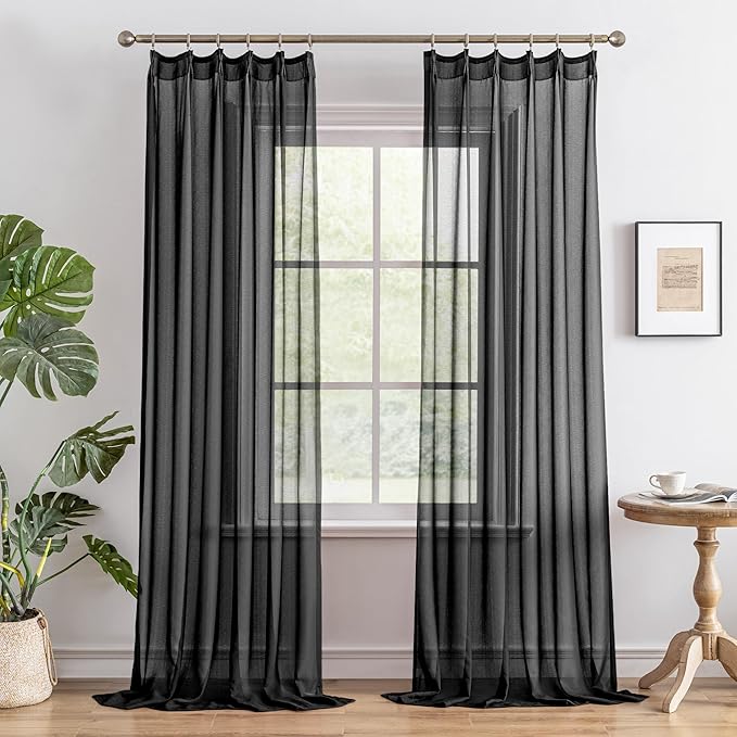 MAIHER Black Pleated Sheer Curtains 90 Inch Length for Bedroom Soft Touch Light Filtering Lightweight Pinched Pleated Drapes with Adjustable Hooks for Living Room, Black, 42" W x 90" L, 2 Panels