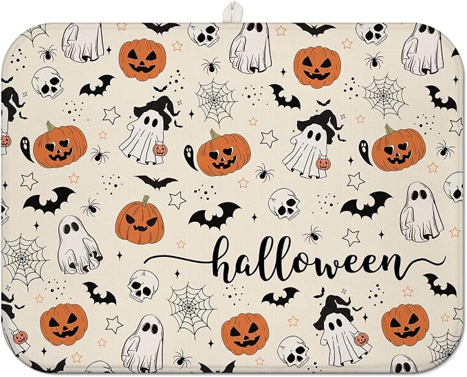 Halloween Dish Drying Mat for Kitchen Counter, Horror Halloween Pumpkin Skull by Unknown