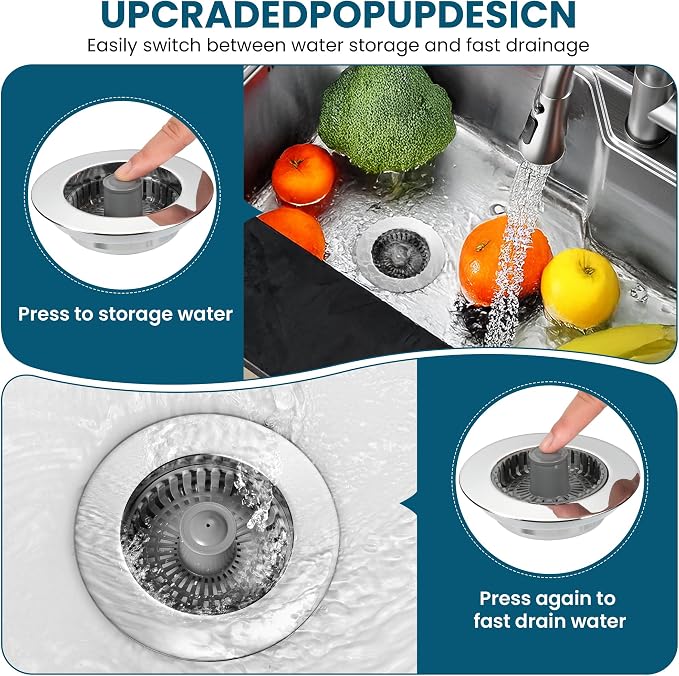 3-in-1 Kitchen Sink Strainer & Stopper, Stainless Steel Finish Pop Up Drain - Image 5