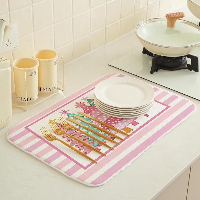 Christmas Dish Drying Mats 18x24 Inch Stripes Watercolor Pink Christmas Trees - Image 3
