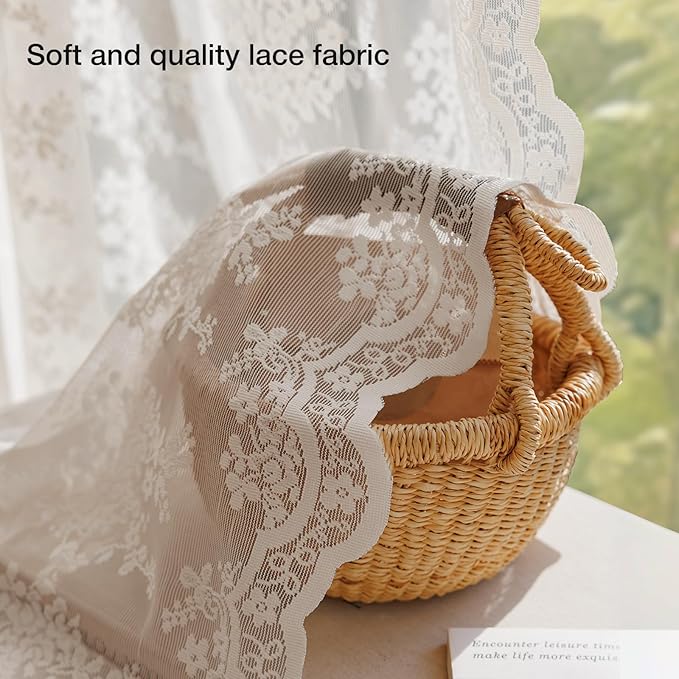 Anmao Vintage Lace Curtains 45 Inches Long 2 Panels Set, Romantic Elegant Light Filtering Semi Sheer Floral Thick Lacy Curtain Drapes for Living Room and Bedroom, Each Panel 55W x 45L, Beige Plum