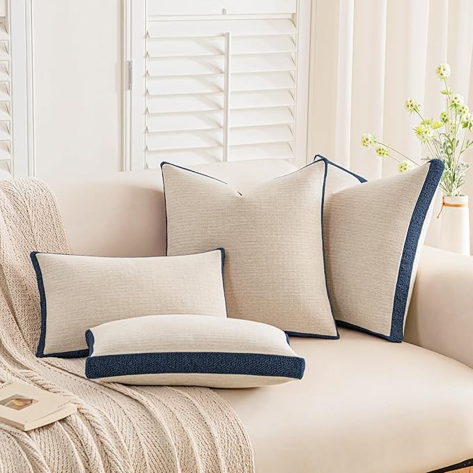 a moment Loop Yarn Linen-Like Pillow Cover Natural Soft Decorative Throw Pillow Case Farmhouse 20x20 Inch, Bohemian Textured Cushion Cover for Sofa Bed, Wrinkle-Resistant Home Decor Navy Blue