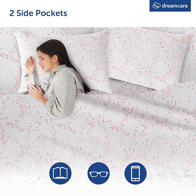 DREAMCARE King Size Sheets - Floral Sheets Bed Set - 4pcs King Sheet - Cooling Bed Sheets - King Size Sheet Sets - Soft & Long Lasting - Floral Blossom