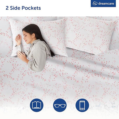 DREAMCARE King Size Sheets - Floral Sheets Bed Set - 4pcs King Sheet - Cooling Bed Sheets - King Size Sheet Sets - Soft & Long Lasting - Floral Blossom