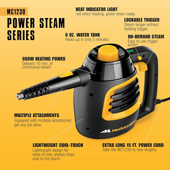 McCulloch MC1230 Handheld Steam Cleaner, 10 Minute Runtime, 11 Accessories: Jet - Image 4