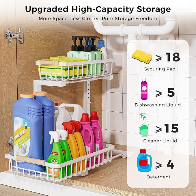 Under Sink Organizer, 2 Pack 2 Tier Under Sink Organizers and Storage, Slide - Image 3
