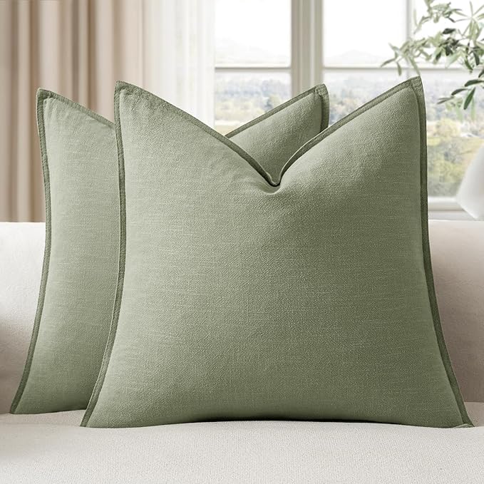 EMEMA Decorative Linen Throw Pillow Covers 24x24 Inch Grass Green Boho Farmhouse Neutral Couch Throw Pillows for Bed Pack of 2 Accent Pillowcase Modern Sofa Cushion Livingroom Home