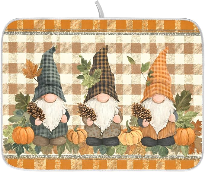 Fall Pumpkin Gnomes Maple Leaves Autumn2 Dish Drying Mat by ALAZA