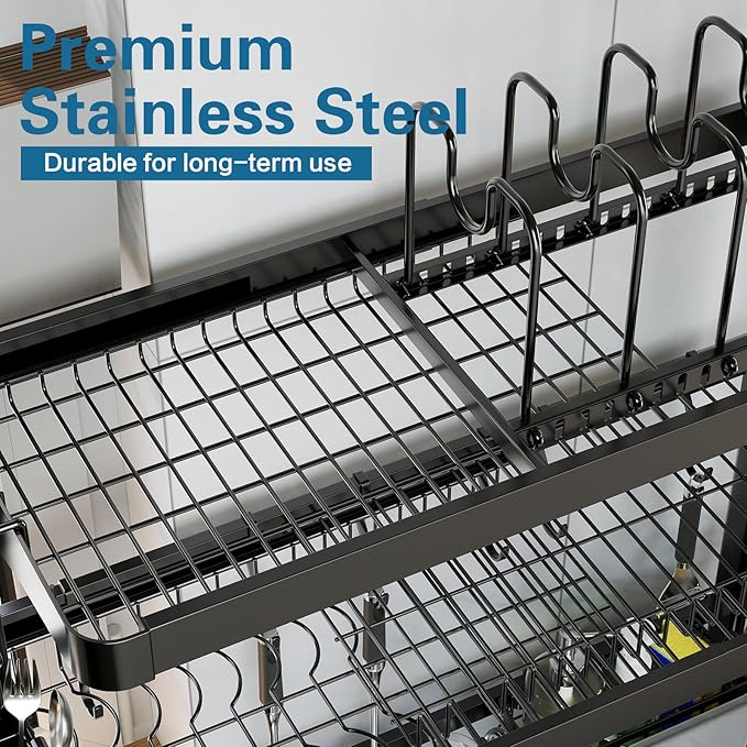Over The Sink Dish Drying Rack, 3 Tier Adjustable Length Full Stainless Steel - Image 4