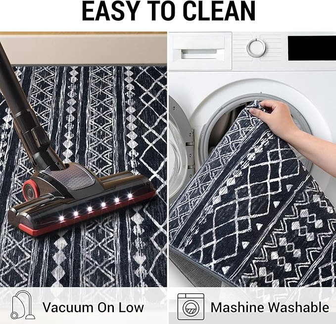 KUTA Boho Runners for Hallways 2x8 Black Moroccan Washable Runner Rug Non-Slip Vintage Kitchen Rugs Ultra Soft Distressed Geometric Floor Carpet for Bedroom Laundry Living Room