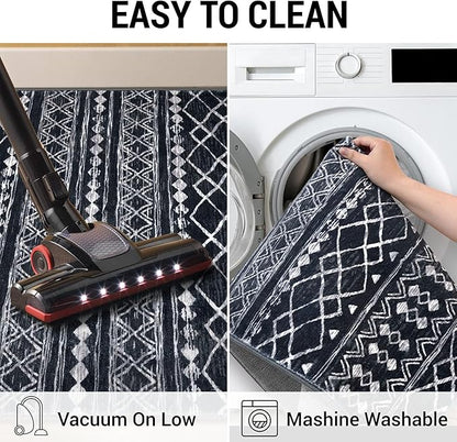 KUTA Boho Runners for Hallways 2x8 Black Moroccan Washable Runner Rug Non-Slip Vintage Kitchen Rugs Ultra Soft Distressed Geometric Floor Carpet for Bedroom Laundry Living Room