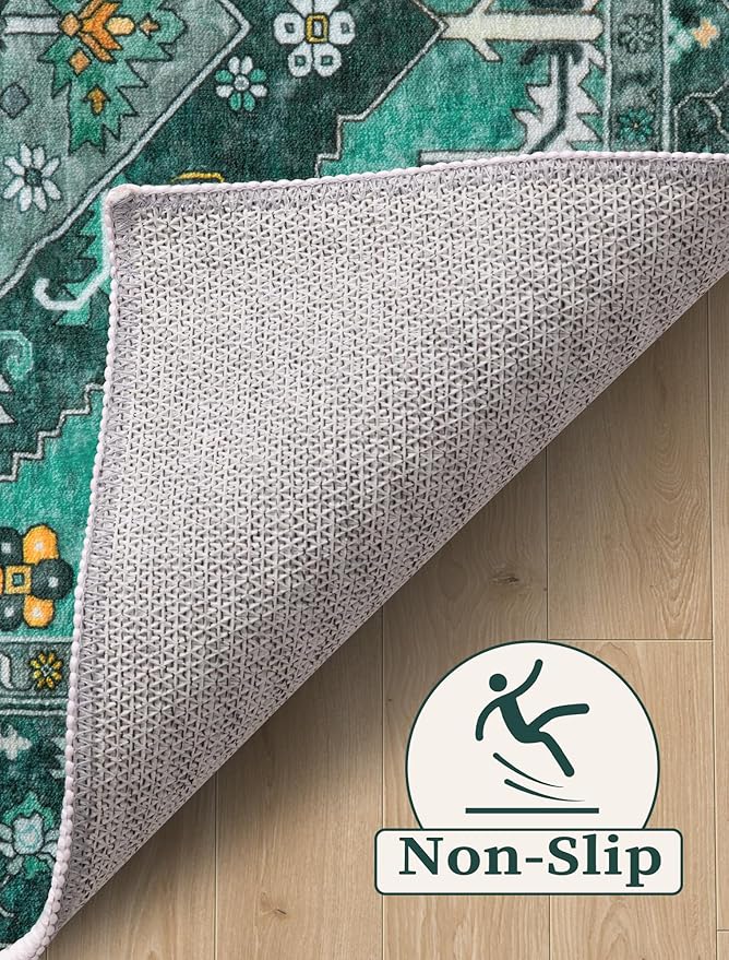 SERISSA Boho Kitchen Runner Rug, 3x7 Washable Non-Slip Runner Rug for Hallways Kitchen Rug, Ultra Soft Vintage Teal Print Distressed Tribal Floor Carpet Runner for Bedroom Entryway Laundry Room