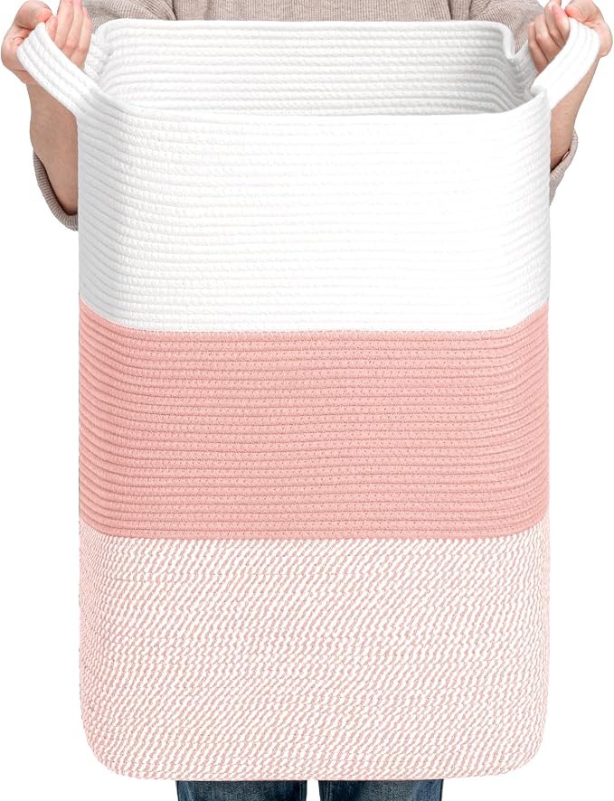CLHMILY&Z 95L Laundry Basket Rectangular Pink Rope by ClhmilyZ