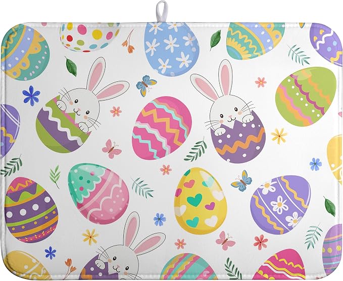 Happy Easter Bunny Dish Drying Mats Spring Floral Dish Mat Easter Cute Rabbit by farg