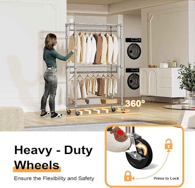 Heavy Duty Rolling Garment Rack 3 Tiers Adjustable Wire Shelving Clothes Rack - Image 4