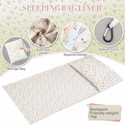 Sleeping Bag Liner 100% Cotton for Women Adult, 86 x 41 Pastoral Floral Cotton Sheet & Camping Sheet for Backpacking, Hotel, Traveling, Comfy Easy Care, Sleeping Bags with Zipper, with Storage Bag