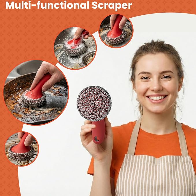 Cast Iron Scrubber with Long Handle | 316 Cast Iron Cleaner Chainmail Scrubber - Image 3