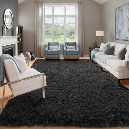 ONASAR Black Area Rugs for Bedroom Living Room, Fluffy Fuzzy Shaggy 4x6 Bedside Rug, Washable Soft Plush Modern Indoor Floor Carpet for Nursery Kids Girls Boys Teen Dorm Home Office Decor Aesthetic