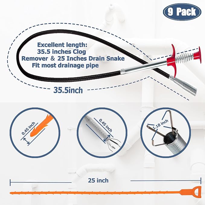35.5inch Drain Clog Remover, 25inch Drain Snake Hair Remover ＆ Cleaning Brush - Image 2