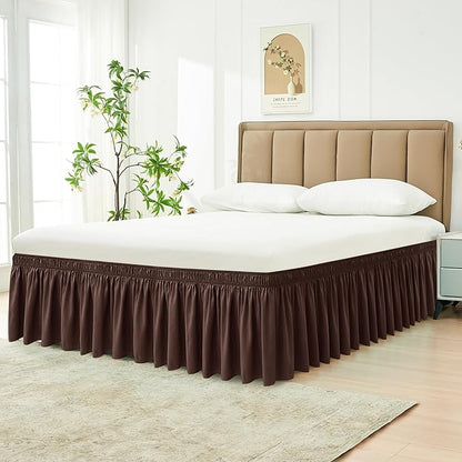 Biscaynebay Wrap Around Bed Skirts for Queen Beds 22" Long Drop, Brown Adjustable Elastic Dust Ruffles Easy Fit Wrinkle Resistant Silky Luxurious Fabric Machine Washable