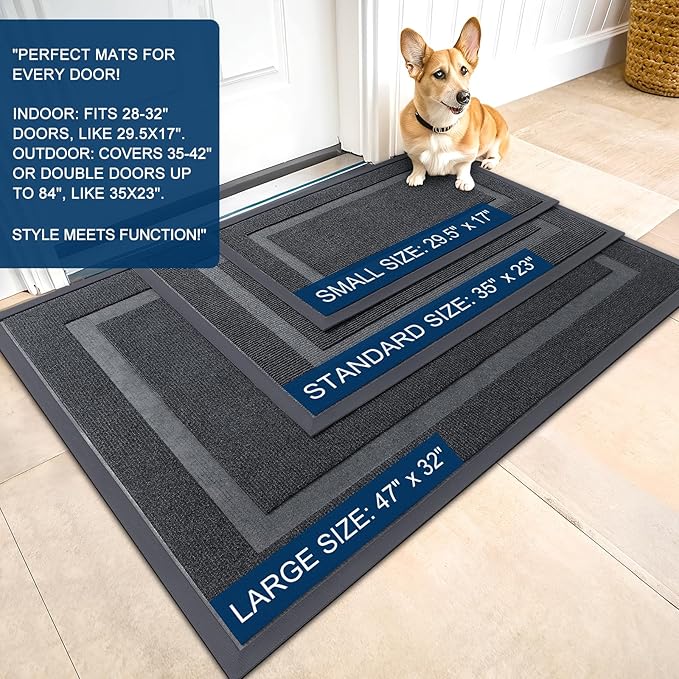 OLANLY Front Door Mat Indoor Outdoor Entrance, Waterproof All-Season, All-Weather Doormat, Sturdy Natural Rubber, Fade Resistant, Low Profile, Easy Clean Patio Porch Entryway Mat, 47x32, Grey