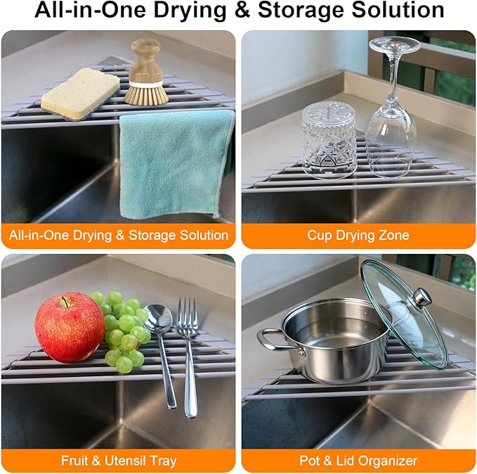Corner Sink Caddy Kitchen Sink Organizer, Silicone Wrapped Triangle Roll Up - Image 5