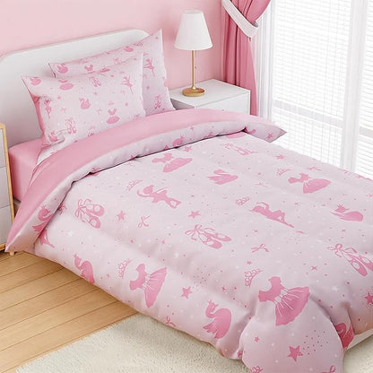 SANDJEST Ballerina Comforter Set Twin Size 68x86in for Kids Girls, Microfiber 3 Pcs Bedding Set Includes 1 Comforter, 1 Pillowcase, 1 Fitted Sheet, Nursery Room Decor