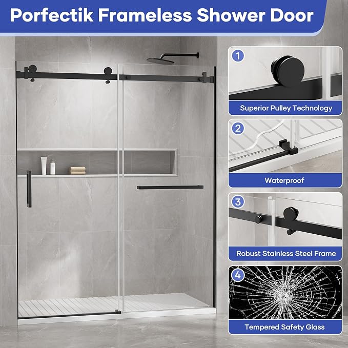 Venice Frameless Shower Door 60 in W x 74 in H, 5/16" Clear Tempered Glass Door - Image 6
