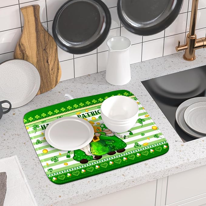Shamrock Gnome Dish Drying Mat Coin Clover Dishes Fast Dry Mat 16x18 inch - Image 6