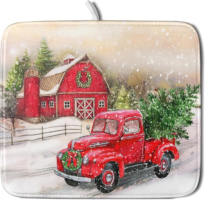 Red Truck Dish Drying Mat Xmas Tree Dish Drainer Rack Mat Winter Microfiber by Giwawa
