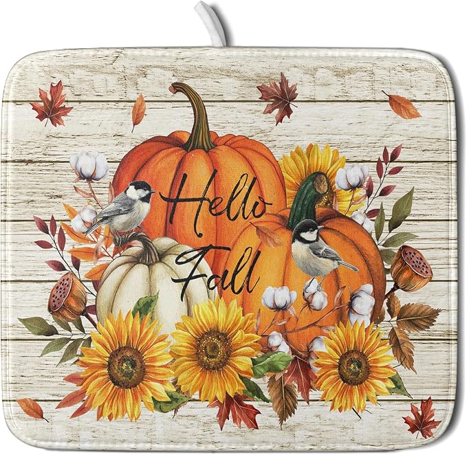 Hello Fall Dish Drying Mat Autumn Pumpkin Dish Drainer Rack Mats 16"x18" Fast by Giwawa